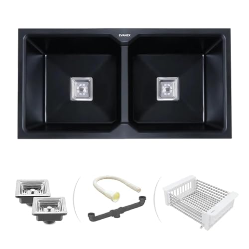 Image of EVANEX Quartz Kitchen Sink|Double Bowl Sink for Kitchen|Topmount /Undermount Kitchen Sinks|Black Double Sink with Connector, Waste Pipe, Coupling and Drain Basket|45x20x9 Granite Kitchen Sinks