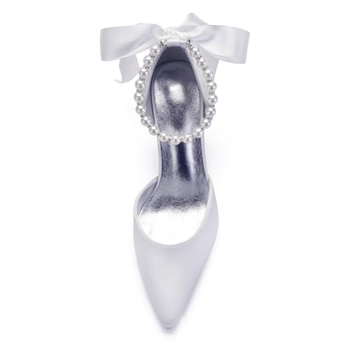 Image of Women's Pearl White Wedding Shoes for Bride High Heels Pointed Toe Bridal Shoes Satin Prom Party Dress Pumps Sandals