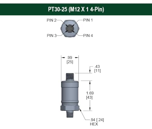 High Performance Fixed Range Pressure Transmitter, 0 to 1000 psi Gauge, ±0.25% of Span, 0 Vdc to 5 Vdc, 3-Wire, 1/4 NPT Male, M12 x 1 4 pin
