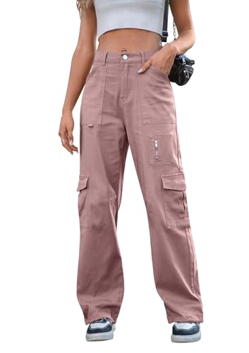 IVIR Cargo Pants Women Adjustable Waist High Waisted Cargo Pants Hiking Pants Baggy Travel Pink Large