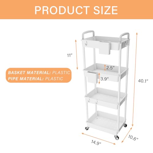 Image of 4 Tier Rolling Utility Cart with Handle,REBECAT Utility Cart Made of Multifunctional Storage Organizer Tool for Kitchen,Bathroom,Living Room,Office(White)