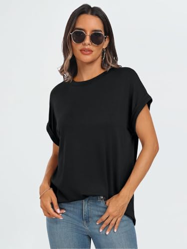 Cuptacc Camiseta Mujer Verano Cuello Redondo Manga Corta Oversize Básica Unicolor Negro Talla XXXL