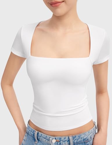 PUMIEY Women's Short Sleeve T Shirts Square Neck Going Out Tops Slim Fit Basic Tee Smoke Cloud Pro Collection3