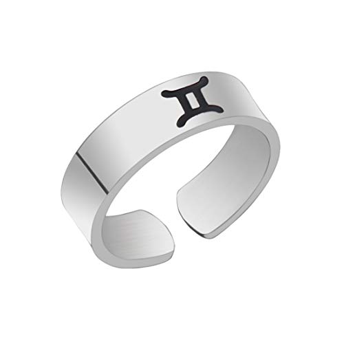JINGMARUO Zodiac Sign Adjustable Rings Stainless Steel Engraved Astrology Ring Constellation Ring Horoscope Ring Birthday Gift (Gemini May 21-Jun 20)