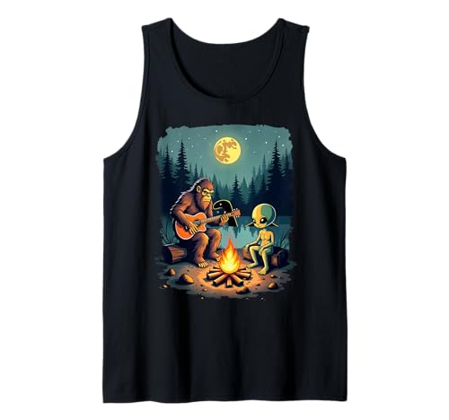 Alien and Bigfoot Campfire Sasquatch Guitarra Loch Ness Camiseta sin Mangas