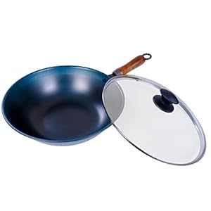 Wok 11.8 Inch with Lid – Carbon Steel Nonstick Light Weight Flat Bottom Frypan/Saucepan/Skillet, No Coating, for Deep Frying Pan Frying Stewing Grilling, Healthy Meal, Fast Heat