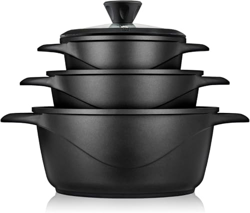 briebe Topfset Induktion 6-Teilig, Kochtopf Set 3 Töpfen aus Aluminiumguss, Antihaftbeschichtung ILAG GRANITEC ohne PFOA, Deckeln aus Glass, Topfhandschuhe Silikon, Glaskeramik, Gas, Ofen, MGK-18S