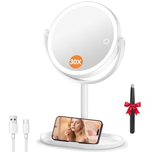Auxmir Kosmetikspiegel mit Beleuchtung, 30X Doppelseitig Vergrößerungsspiegel mit Licht, 8" Dimmbar 3 Lichtfarben 64 LED Schminkspiegel, 360° Drehbar & Abnehmbar für Bad & Reise