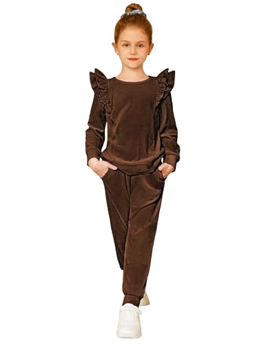 Image of Arshiner Girls 2 Piece Outfits Velour Tracksuit Ruffle Sweatshirt Sweatpant | Cute Clothes, Sweatsuit, Long Sleeve Pullover, Fall Winter Clothing Sets, for 3-10 Years