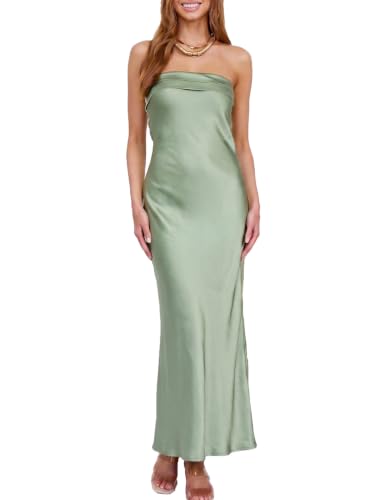 Image of Realtix Summer Satin Strapless Backless Maxi Dress for Women Wedding Guest