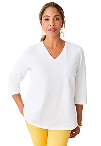 Jessica London Women's Plus Size V-Neck Tee 3/4 Sleeve T-Shirt - 14/16, White