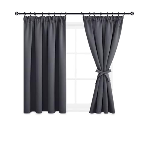 DWCN Dark Grey Curtains Blackout Curtains for Bedroom Thermal Insulated Pencil Pleat Window Drapes for Living Room with Tiebacks 46 x 54 inch Length