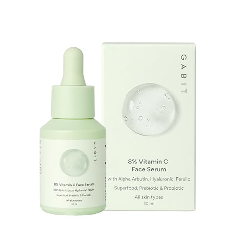 Gabit 8% Vitamin C Face Serum for Glowing Skin | Brightening Serum for Dark Spots, Tanned & Dull Skin; Hydrates | Alpha Arbutin, Hyaluronic, Ferulic, CiCa, Prebiotic, Probiotic | Oil & PEG free |30 ml