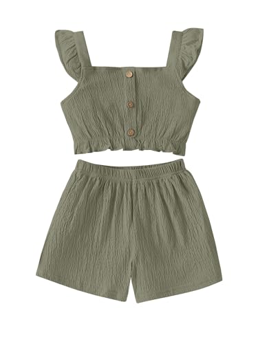 Image of Girl's Summer Clothing Sets Knit Ruffle Striped T-Shirt and Shorts 2 Piece Outfits