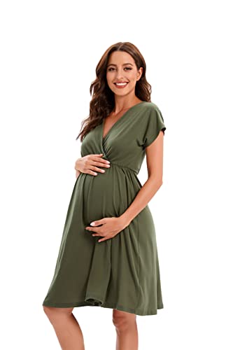 Zwtep Maternity Dress Women's V-Neck A-Line Knee Length Wrap Dress For Baby Shower Olive M #TOP2