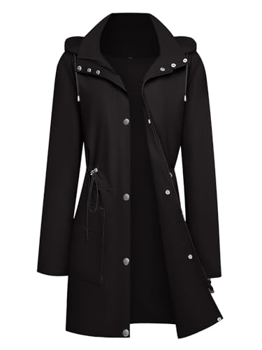 Womens Rain Jacket with Hood, Long Rain Coat for Women Waterproof Trench Coat Lined Windbreaker Fall Jacket