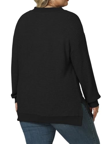 Image of DOLNINE Plus-Size-Tops for Women Casual V Neck Pullover Cute Waffle Knit Lantern Sleeve Sweaters Fashion Side Split Tunics