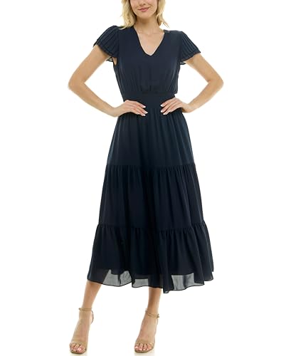 Image of Nanette Nanette Lepore Women's Tiered Pull on Fully Lined Dress with Smock Waist and Pleated Flutter Sleeve