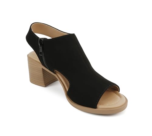Image of CITYCLASSIFIED inchElect inch ~ Women's Peep Toe Laser Cut Geometric Caged Slingback Ankle Strap Low Stacked Heel Ankle Bootie