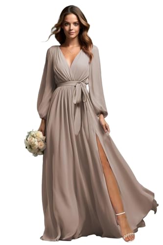 TANPAUL Damen Brautjungfernkleider Lang Chiffon - Elegant A-Linie Abendkleider mit Schlitz Taupe 44