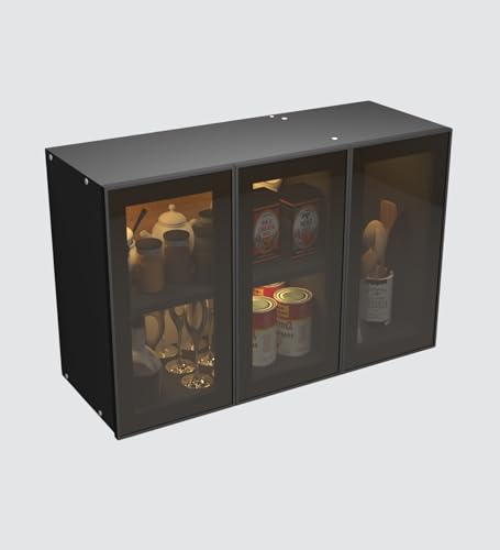 Image of SPECIALITY PANELS Aluminium Black Profile 3 Door Wall Cabinet | Brown Tinted Glass Handless Shutters | Wall Mounted Kitchen Storage Cupboard | Modern Space Saving Organizer | DIY Assembly