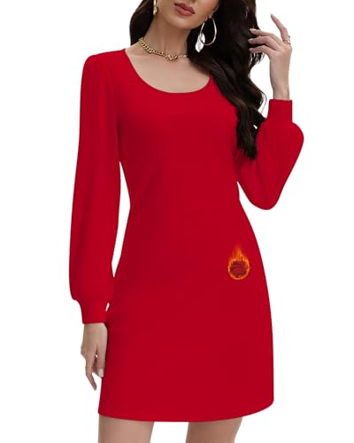 WOWENY Strickkleid Damen Elegant Langarm Warm Pulloverkleid Herbst Winter Puffärmel Kleid A-Linie Weich Lässig Kleider(Rot,M)
