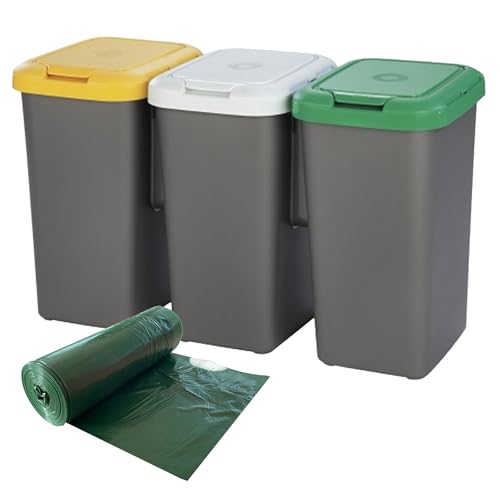 WELL HOME - Papeleras de rciclaje 3 compartimentos 3x 25L + Rollo de 20 bolsas de basura 30L
