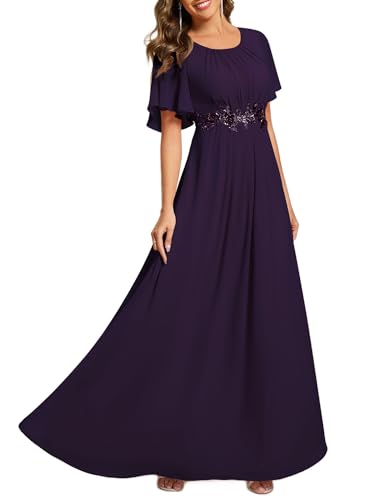 Image of Ever-Pretty Women's Classic Round Neck Pleated Short Sleeves Chiffon Appliques Floor Length A Line Formal Evening Dresses