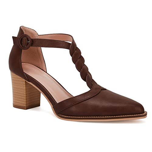 Image of Coutgo Womens Block Chunky Heels T Strap Pointed Toe Work Dress Shoes | Closed Toe Pumps, 2.6-In Stacked Heeled Sandals, Adjustable Ankle Strap, Party Prom, Wedding, Office