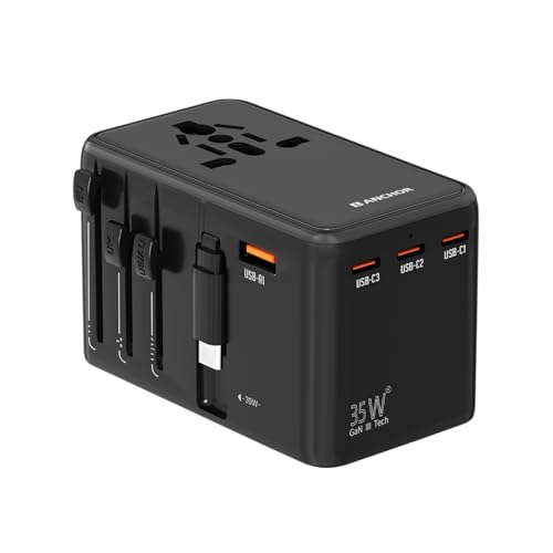 Image of Anchor by Panasonic 35W International Travel Adapter, Universal Travel Adapter All in One for EU, UK, US and AU with 1 USB and 3 Type C Ports, 35W Travel Accessories with GaN Fast Charging