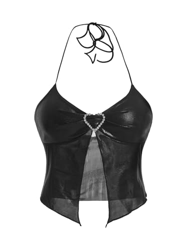Verdusa Women's Y2K Tops Heart Rhinestone Backless Ruched Cami