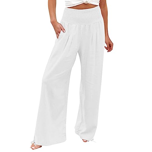 Pantalon large en lin pour femme avec taille souple - Coupe classique - Coupe large - Pantalon de sport et de jogging pour festival - Noir - Taille 36, blanc, L