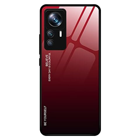 DEDUX Case for Xiaomi Mi 12T Pro 5G, Gradient Tempered Glass Back Case and Shockproof Silicone Tpu Protective Phone Case Cover (Red/Black) Cover