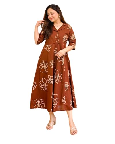 Image of Women's Floral Print Midi Dress, Rayon, A-Line Fit and Flare, Shirt Collar, Half Sleeves, Casual Wear