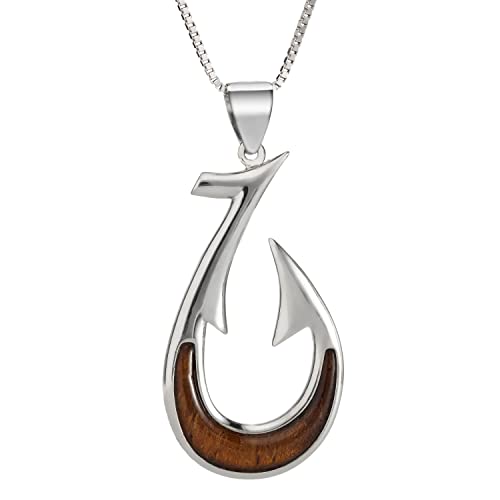 Aloha Jewelry Company 925 Sterling Silver Hawaiian Koa Wood Fish Hook Necklace Pendant with 18