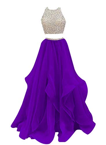 VinBridal 2019 Two Piece Beaded Floor Length Organza Evening Gown Prom Dresses Purple 6