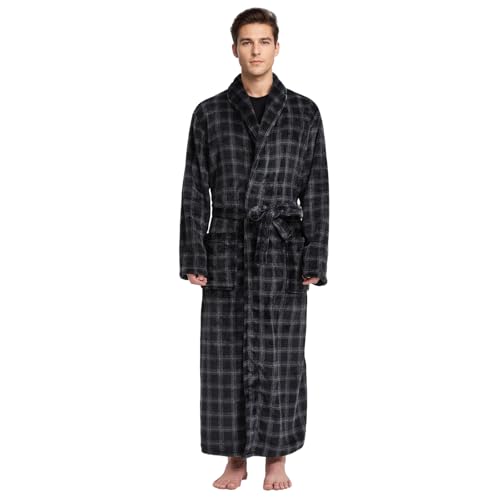 Men's Fleece Plush Bathrobe Full Length Big and Tall Shawl Collar Plaid Men Robe(Black&Grey, L/XL)