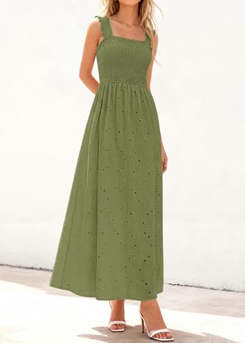 Image of KIRUNDO Summer Lace Dress for Women Eyelet Maxi Sundress | Boho Sleeveless Cotton Flowy Long Dresses, Wedding Guest, Beach Vacation, Baby Shower Guest Dress, Smocked Bust, With Pockets