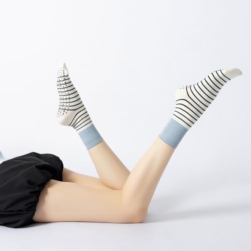 Image of Verdancy Yoga Pilates Socks with Grips for Women Non Slip Striped Cushioned Crew Socks for Barre Ballet Dance