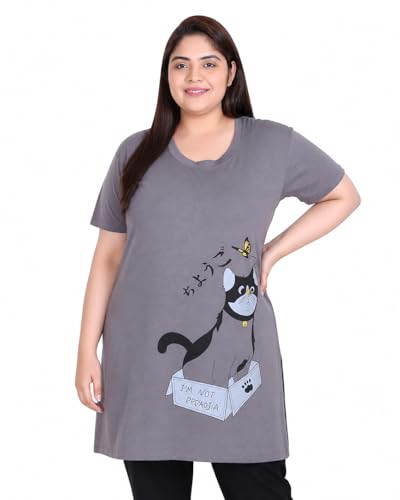 Image of In Love Women Cotton Regular Fit Plus Size Long-Line Chest Print T-Shirt with Pocket