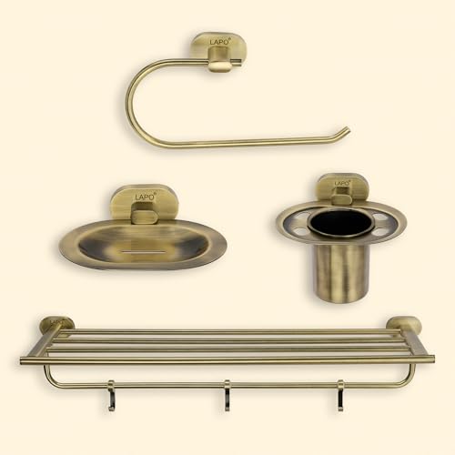 Image of LAPO 304 Stainless Steel Combo Bathroom Accessories Set (24 inch Towel Rack,Single Soap Dish, Tumbler Holder, Napkin Ring) Bathroom Accessories- (Kik- 4 Piece Combo Set,Antique Finish)