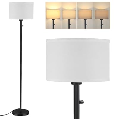 Floor Lamps for Living Room, Stepless Dimmable Standing Lamp, Modern Floor Lamp with Rotary Switch, White Linen Shade, 9W Led Bulb Included(1000LM,2700K), Tall Lamp for Bedroom, Office, Farmhouse