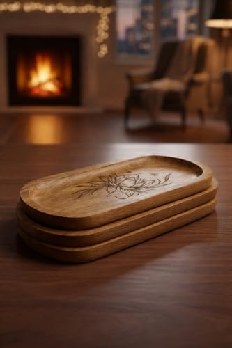 Image of Wooden Jewelry Tray, Oval Shape, L x B x H = 10 x 5 x 0.5 Inch Floral Design, Natural Wood Finish, Organizer for Rings, Necklaces, Earrings And Snacks Serving (lotus 3)