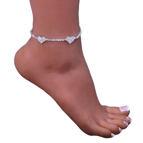 Image of Fesciory Silver Ankle Bracelets for Women, Adjustable Rhinestone Pendant Tennis Anklet, Butterfly Heart Infinite Diamond Summer Beach Foot Chain Jewelry Gifts (Solid Heart2), XFeselry081