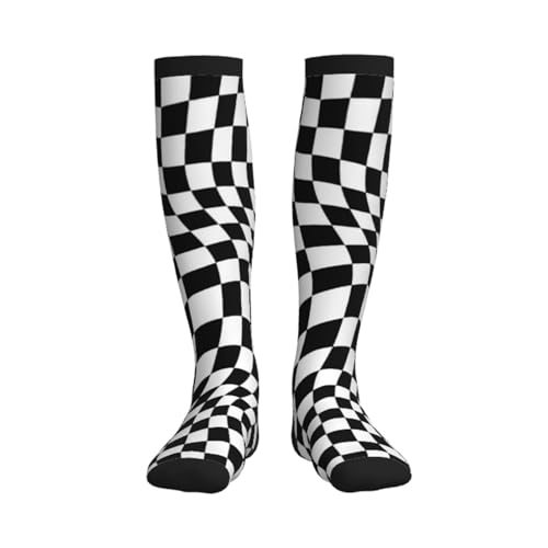Wavy Checkered Black White Checkerboard Compression Socks For Women Men Knee High Running Socks For Running