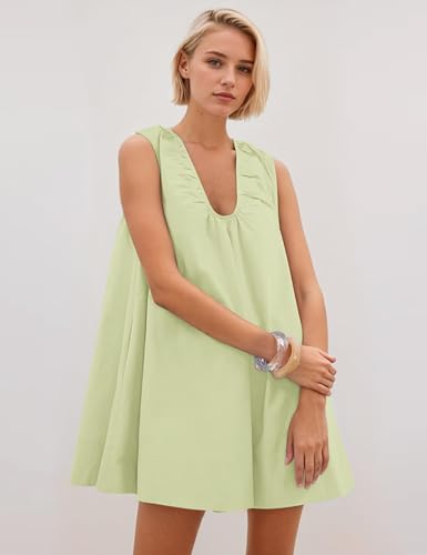 Image of Women Summer Sleeveless Babydoll Mini Dress Scoop Neck Loose Fit Tank Dresses Party Ruched Short Dress with Pockets