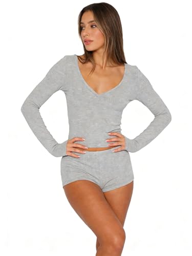 Image of Dressmine Sexy Pajamas Set for Women Spring Pj Lounge Sets 2 Piece Cute Sleepwear Long Sleeve V Neck Y2K Tops Shorts