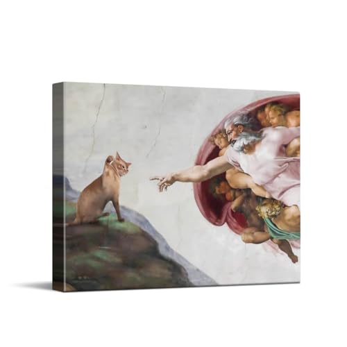 CYFDYVT Cat Canvas Wall Art, Funny Cat Wall Art, Renaissance Parody, Orange Tabby Meets God, Sistine Chapel Style Wall Art, Eclectic Posters for Room, Bedroom Bathroom Wall Decor, 10 x 8 Inches