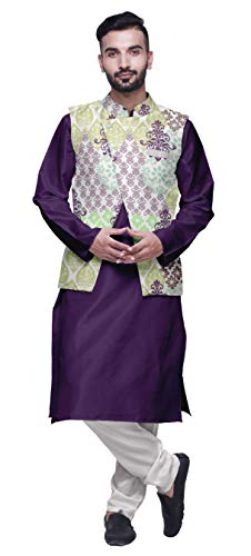 Atasi Men Mandarin Collar Solid Kurta Churidar Pajama & Printed Nehru Jacket Set