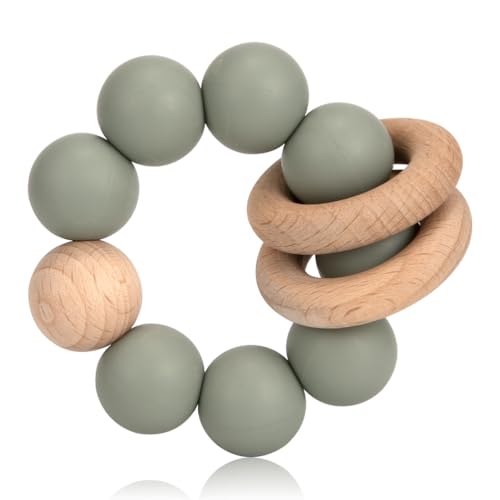 Image of Silicone Baby Teether, Food Grade Silicone & Beech Baby Teething Toy, BPA Free (Olive)